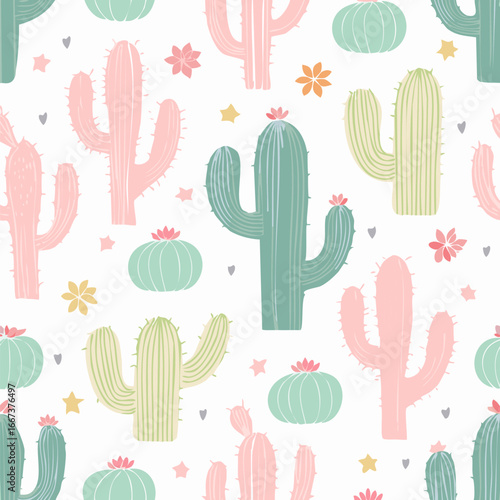 Pastel color prickly cactus seamless pattern