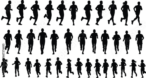 Running silhouette vector, jogging illustration, marathon athlete poses, sport training design, fitness activity concept, outdoor exercise artwork, healthy lifestyle running people