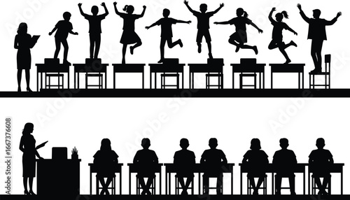 Classroom silhouette vector, students sitting, children jumping on desks, teacher teaching class, school education concept, discipline, learning, childhood, study illustration