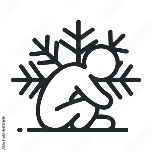 Crouching figure in snow winter landscape minimalist graphic art cold environment side view emotive concept. Vector outline illustration