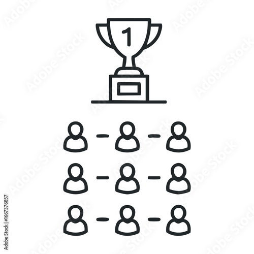 Celebrating victory trophy presentation ceremony with enthusiastic crowd in a competitive sports environment. Vector outline illustration