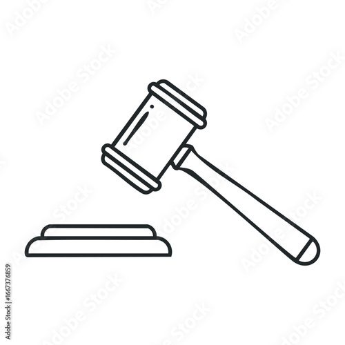 Courtroom justice legal proceedings and gavel symbolism in a judicial environment. Vector outline illustration