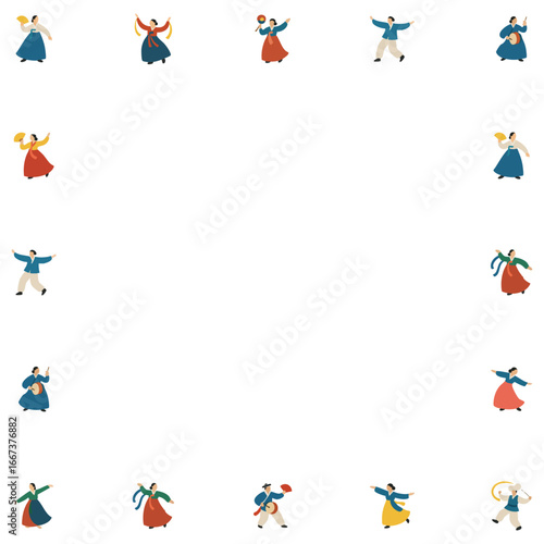 Korean traditional dance pattern background, repeated design. Decorative motif of dancing people in hanbok