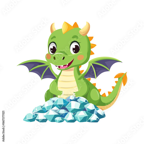 A little dragon guards a pile of sparkling gems