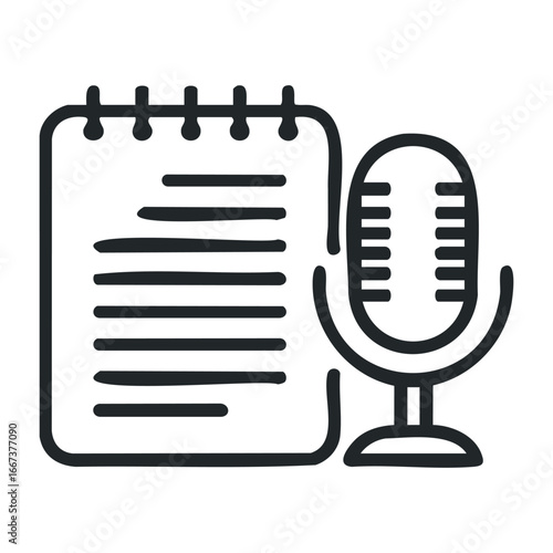 Podcast recording session home studio audio content creative space close-up interactive discussion. Vector outline illustration
