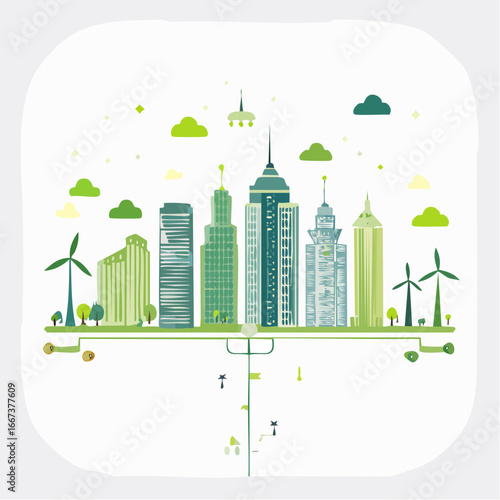 High-quality SVG vector of futuristic smart city powered by renewable energy. 