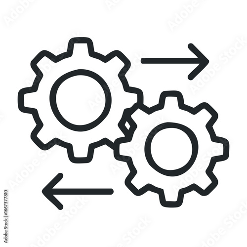 Mechanical process gear interaction industrial setting iconic graphic design digital environment abstract viewpoint. Vector outline illustration