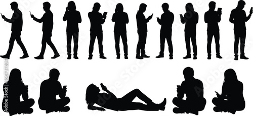 Silhouettes of people using smartphones, walking, sitting, lying, digital device addiction, technology lifestyle, communication, texting, mobile user poses, isolated figures