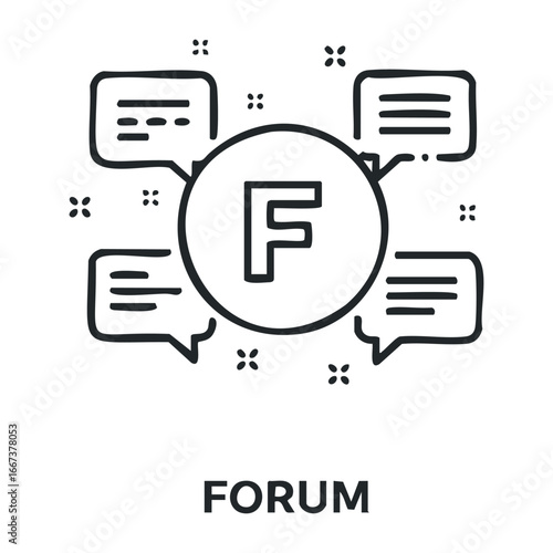 Engaging forum discussions on technology trends online community digital content virtual environment interactive viewpoint. Vector outline illustration