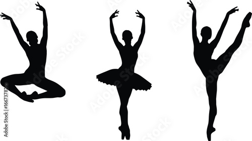 Ballerina silhouettes in various dance poses, elegant ballet dancer, performing arts, female figure, graceful motion, isolated on white