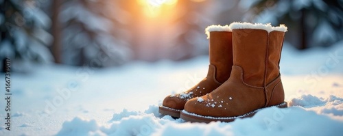 Warm brown suede boots amidst snowy landscape , outdoors, landscape, snowy