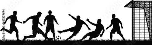 Soccer players silhouette, football action scene, goal net, kicking ball, sports team vector, match field grass background, dynamic play
