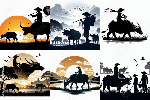 buffalo herder vector illustration set
