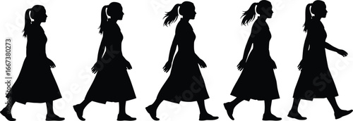 Young woman walking silhouette, ponytail girl, side profile, casual dress, moving forward, female figure, black vector, isolated on white background, walking motion