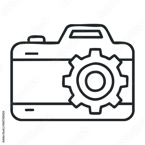 Dynamic camera settings workshop urban studio hands-on activity creative environment photography concepts. Vector outline illustration