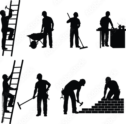 Construction worker silhouettes, manual labor, building site, bricklaying, ladder climbing, hammering, sweeping, wheelbarrow pushing, work safety helmet, vector icons