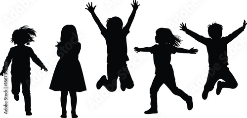 Happy kids silhouettes, children jumping, playful kids, active children, childhood joy, outdoor play, energetic kids, fun moments, carefree kids, vector illustration