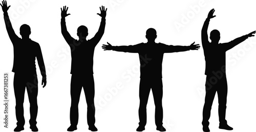 Male silhouette poses with raised hands, different arm gestures, standing man shadows, black vector figures, human shapes, isolated silhouettes