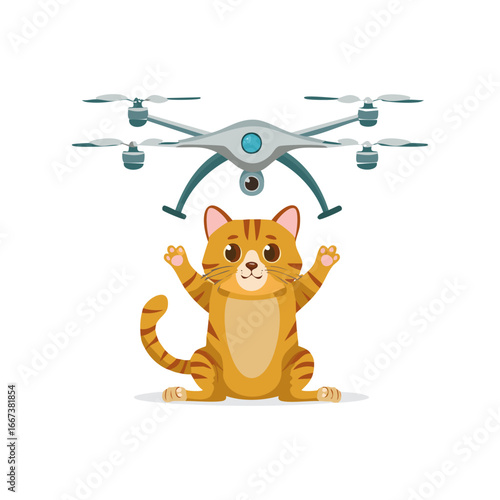 Cute Cat flying a drone flat design