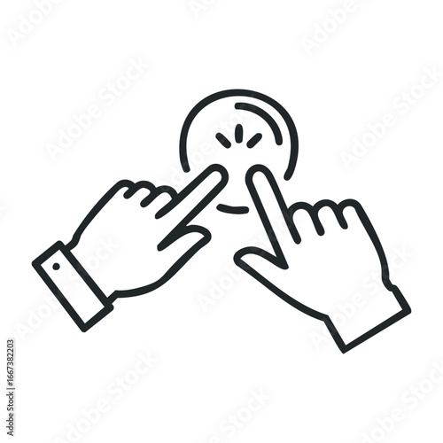 Interactive touchscreen technology demonstration digital space infographic content tech environment user-centric viewpoint. Vector outline illustration