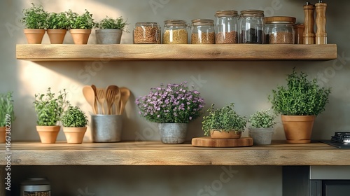 Wallpaper Mural Minimalist kitchen shelf with decorative items and potted plants Torontodigital.ca