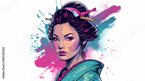 headshot of a geisha with neo-pop