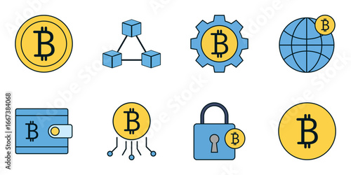Colorful vector crypto technology symbols showing digital wallet, bitcoin mining, blockchain network, and padlock security