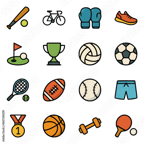 Vector cartoon-style collection of various sports items such as tennis racket, basketball, medal, and ping pong paddle