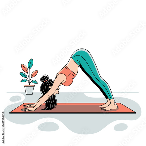 A serene illustration of a woman finding peace and strength in the downward dog yoga pose on a mat at home, embodying wellness and mindful movement for a balanced life