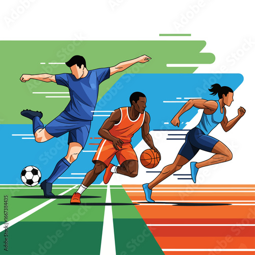 Athletes in action Soccer, Basketball, and Running competition illustrating fitness and sporting endeavors