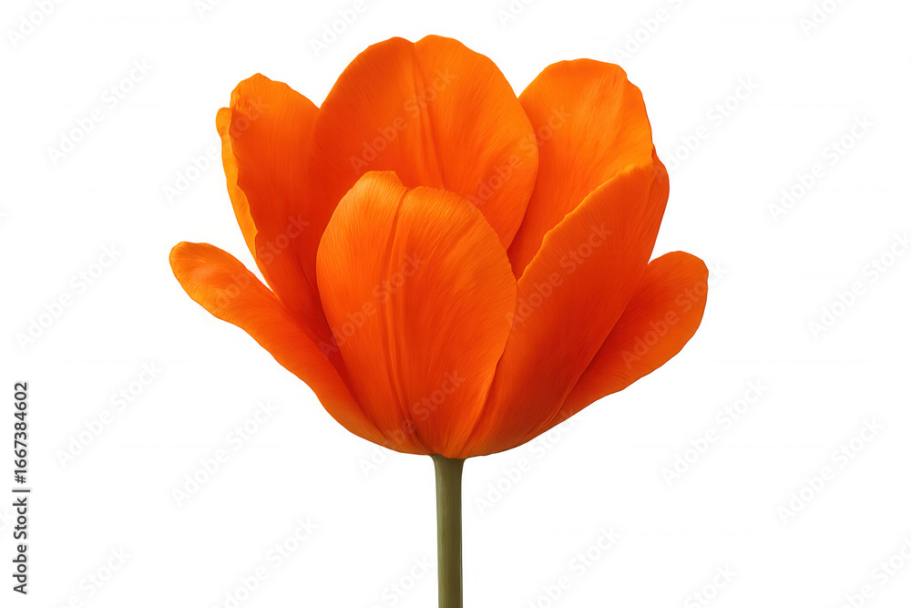Naklejka premium Orange tulip blossom glowing, revealing intricate petal details and slender green stem against pure white backdrop