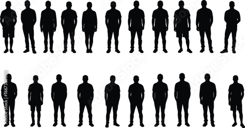 Group of men silhouettes, standing male figures, human outline vector, full body shadow design, people shape collection, black silhouette illustration