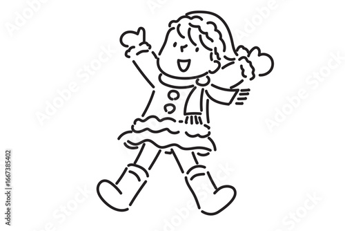 冬に飛び跳ねるマフラーをした元気な女の子の白黒イラスト