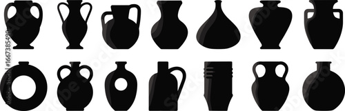 Black ceramic vase silhouettes collection, antique pottery shapes, amphora, jug, urn, decorative pottery, ancient vessel, ceramic design, isolated icons