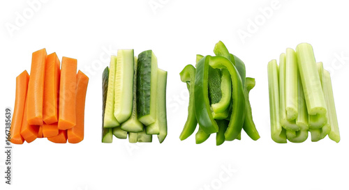 Freshly cut vegetable sticks carrots cucumber bell pepper celery perfect for healthy snacking and vibrant appetizers