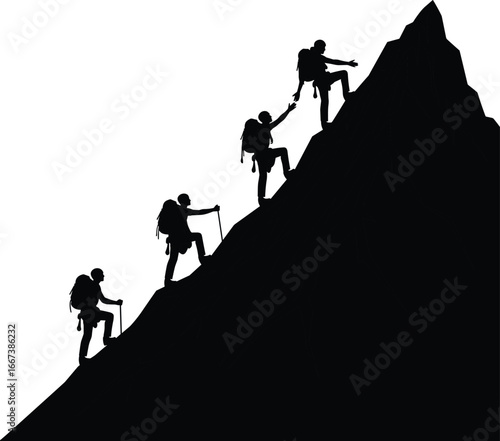 Silhouette of climbers on mountain, teamwork, adventure, hiking, success, challenge, group expedition, mountaineering concept, outdoor journey, leadership, determination, support