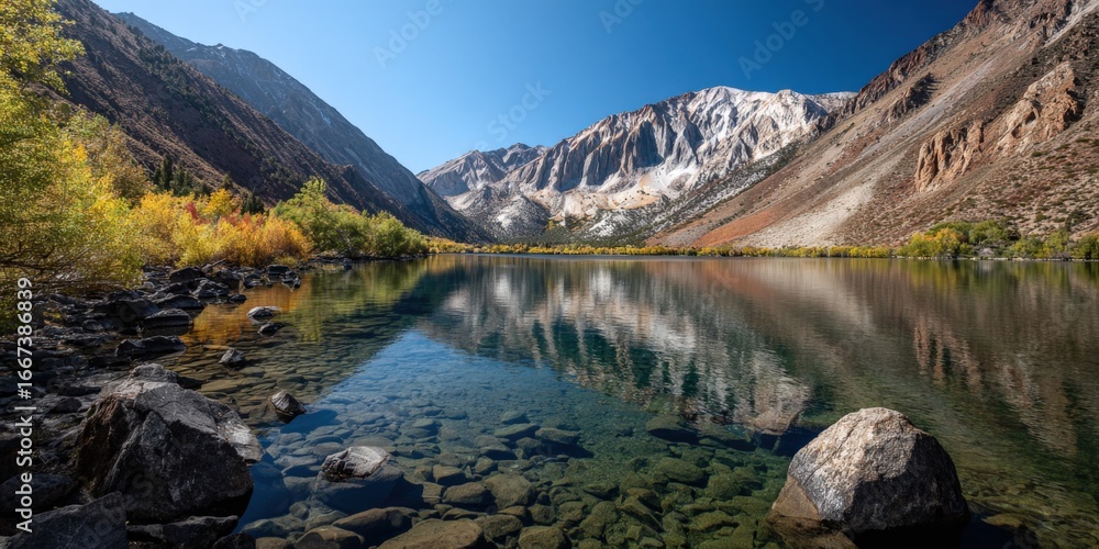 Obraz premium Picturesque Autumnal Lake Reflection with Majestic Mountains and Crystal Clear Water, Ideal for Travel and Outdoor Scenery