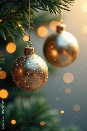 Refined gold and silver baubles suspended, sparkling bokeh backdrop , shiny, holiday background, metallic decoration