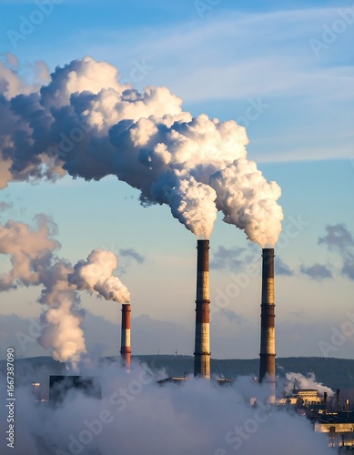 Industrial smoke plumes against a clear sky