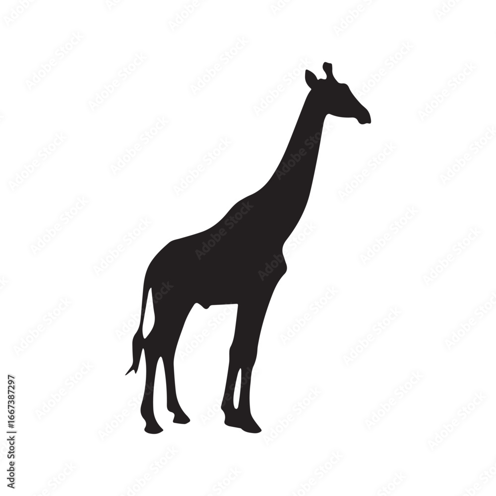 Fototapeta premium Giraffe silhouette vector icon. Standing African safari animal graphic symbol, isolated on white background. Wildlife logo design element. 