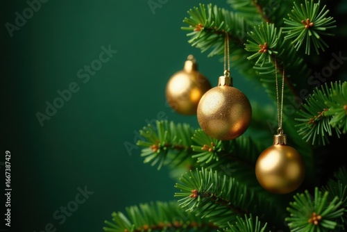 Lush green Christmas tree adorned with gleaming gold baubles , bright, bauble