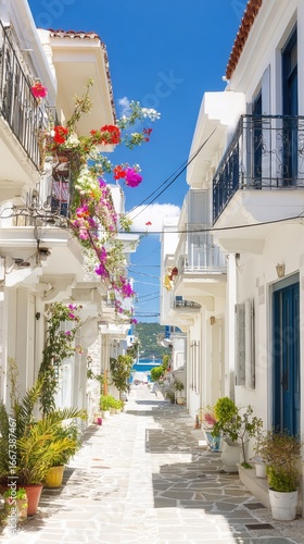 Charming Greek Island Street Scene with White Buildings, Colorful Flowers, and Azure Sky on a Sunny Day