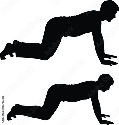 Silhouette man doing knee push ups exercise, fitness workout illustration, strength training, bodyweight exercise, health, gym, calisthenics, yoga pose