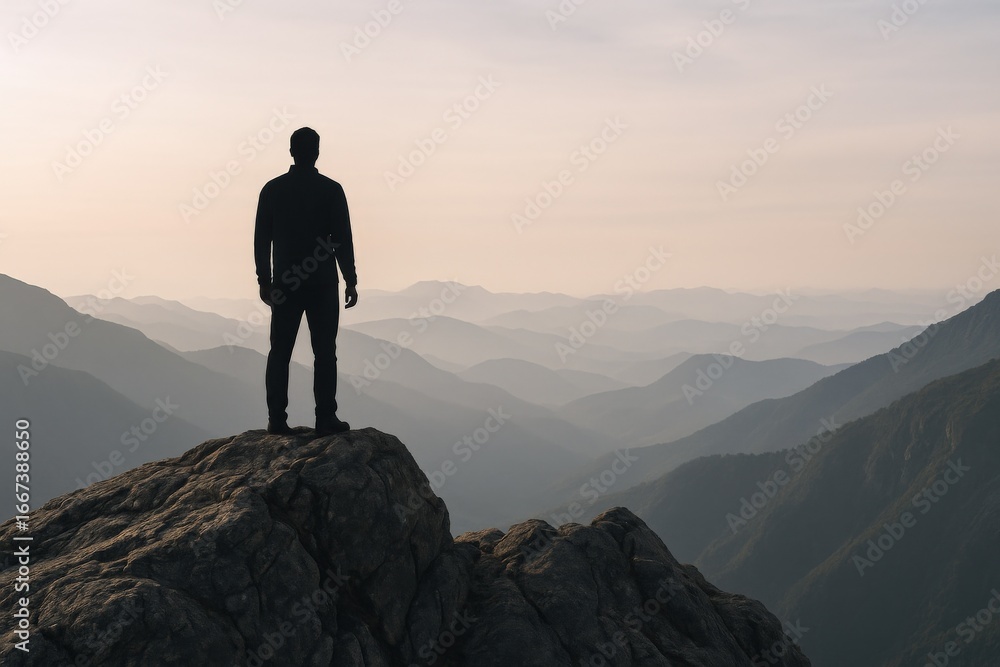 Fototapeta premium Silhouette of Man Standing on Mountain Peak Overlooking Misty Valley, Achieving Success and Freedom