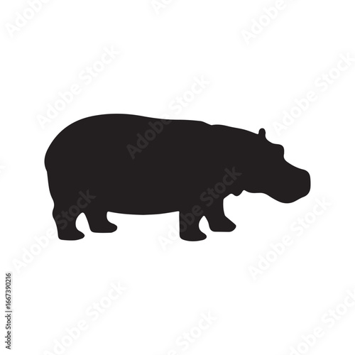 Hippopotamus silhouette vector icon. Standing African hippo graphic symbol, isolated on white background. Wildlife animal logo design element.
