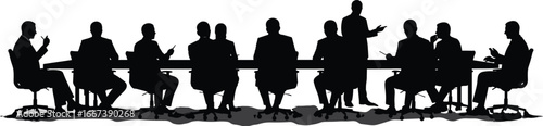 Silhouette of business people meeting, corporate discussion, boardroom teamwork, office presentation, company strategy, leadership communication, group collaboration, professional conference table