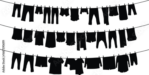 Clothesline silhouette with hanging clothes, laundry drying on rope, black vector design, pants, shirts, household garments, clean fabric illustration