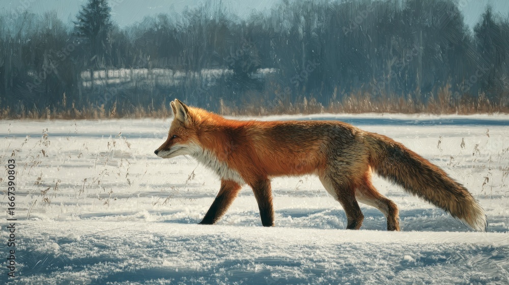 Fototapeta premium Red fox walking in snowy field