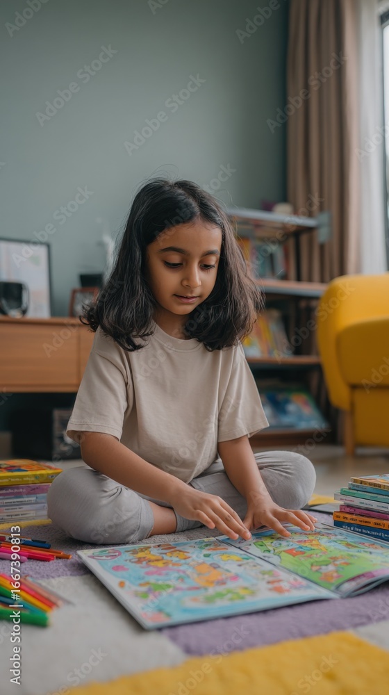 Fototapeta premium Young girl engrossed in reading a colorful picture book on the floor at home, fostering imagination and learning.