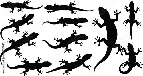 Silhouette of gecko lizard set, reptile vector illustration, wall climbing geckos, animal design, black lizard shapes, wildlife reptile graphics